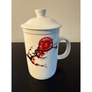iComfort Ceramic Tea Cup w/ Lid Strainer & Japanese Cherry Blossoms